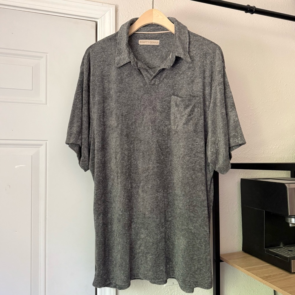 NIFTY GENIUS grey men’s terry cloth popover polo‎ short sleeve shirt